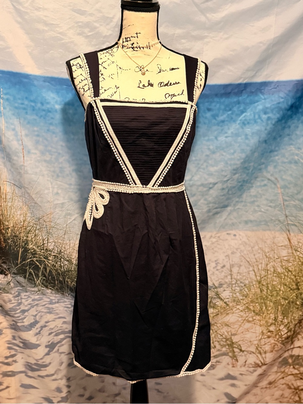ANTONIO MELANI Dark Navy Blue Mini Dress with White Pom-Pom Lace Trim Accents